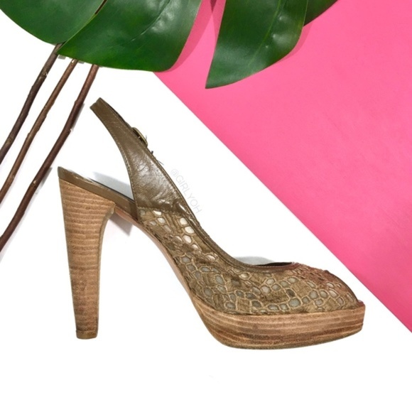 Stuart Weitzman Shoes - Stuart Weitzman Tan Crochet Peep Toe Sling Heels 9